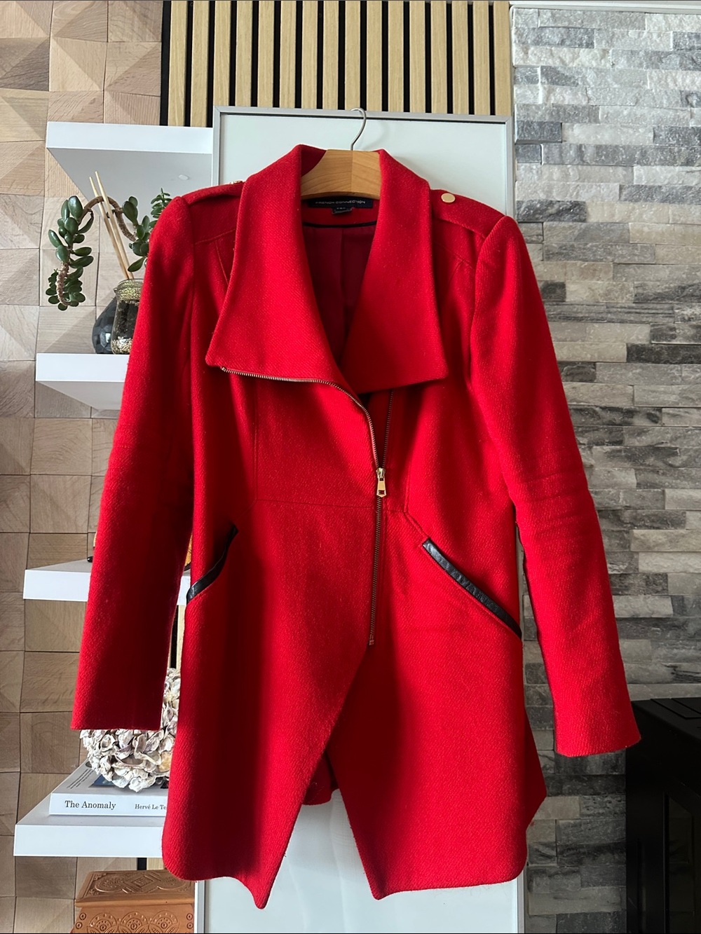 French Connection Red Asymmetrical Zip Pea Coat needs a bit of tlc